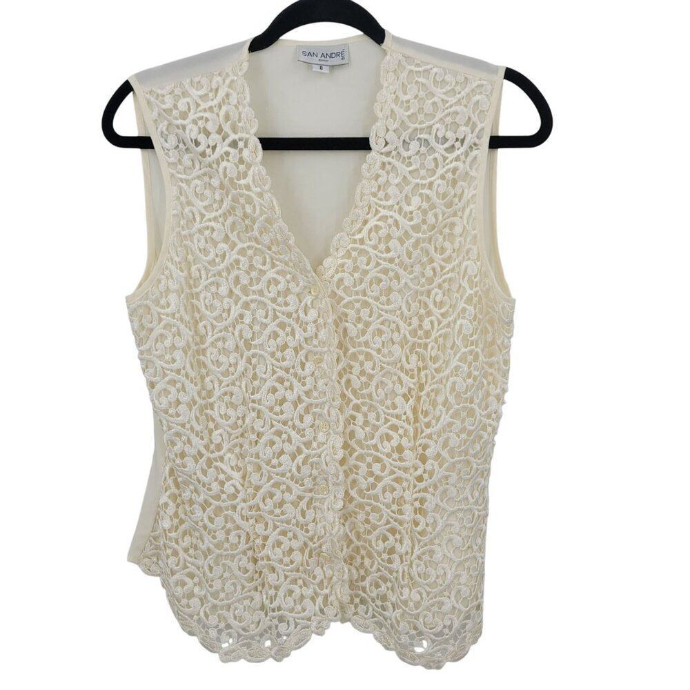 Vtg Ivory Lace Vest Sz M Button Front Sheer Tie Back‎ Soft Girl Granny Cottage
